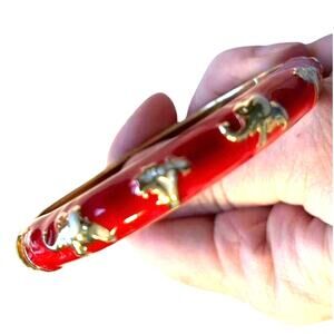 QH brand clamper style bracelet gold & red enamel hinged lucky elephants motif